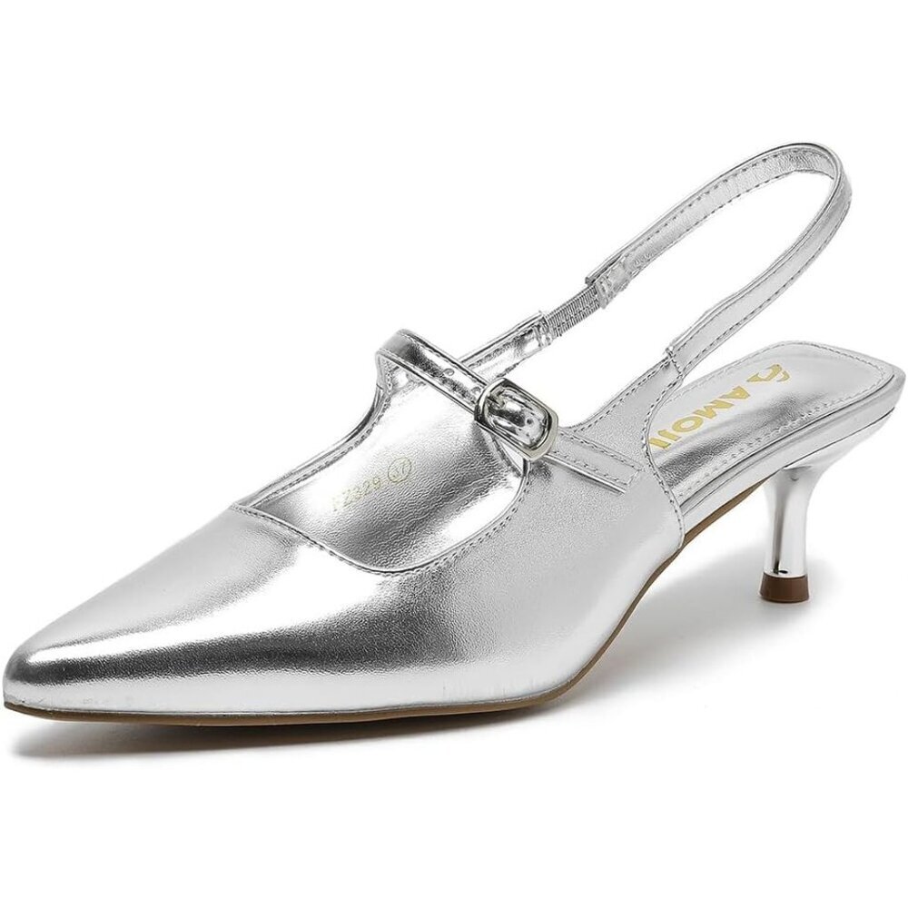 Amoji Women Silver Closed Pointed Toe Kitten Slingback Low Heel Pumps For Party